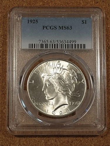 1925 Peace Silver Dollar, PCGS MS63, Brilliant Luster, Strong Strike