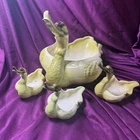 4 Vintage 1950s Hull Pottery Swan planter candy bowl dish Mother W/babies Green