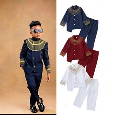 Boys Traditional African Long Sleeve Blouse Top Pants 2Pcs Bohemia Set Children