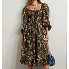 ULLA JOHNSON Sz 2 Balsam Olive Isla Dress Floral Puff Sleeve Midi Cotton Fall