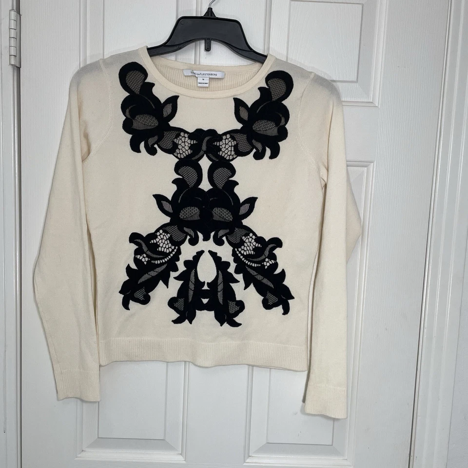 Diane von Furstenberg Shana Lace Sweater Ivory Black Women’s Medium Wool Blend - Image 2 of 4