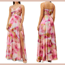 NWT 295 Aidan by Aidan Mattox 4 Printed Long Twist-Front Dress Pink J1707