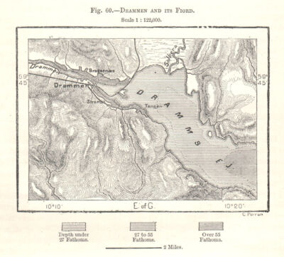Drammen and its Fiord. Drammensfjorden. Norway. Sketch map 1885 old