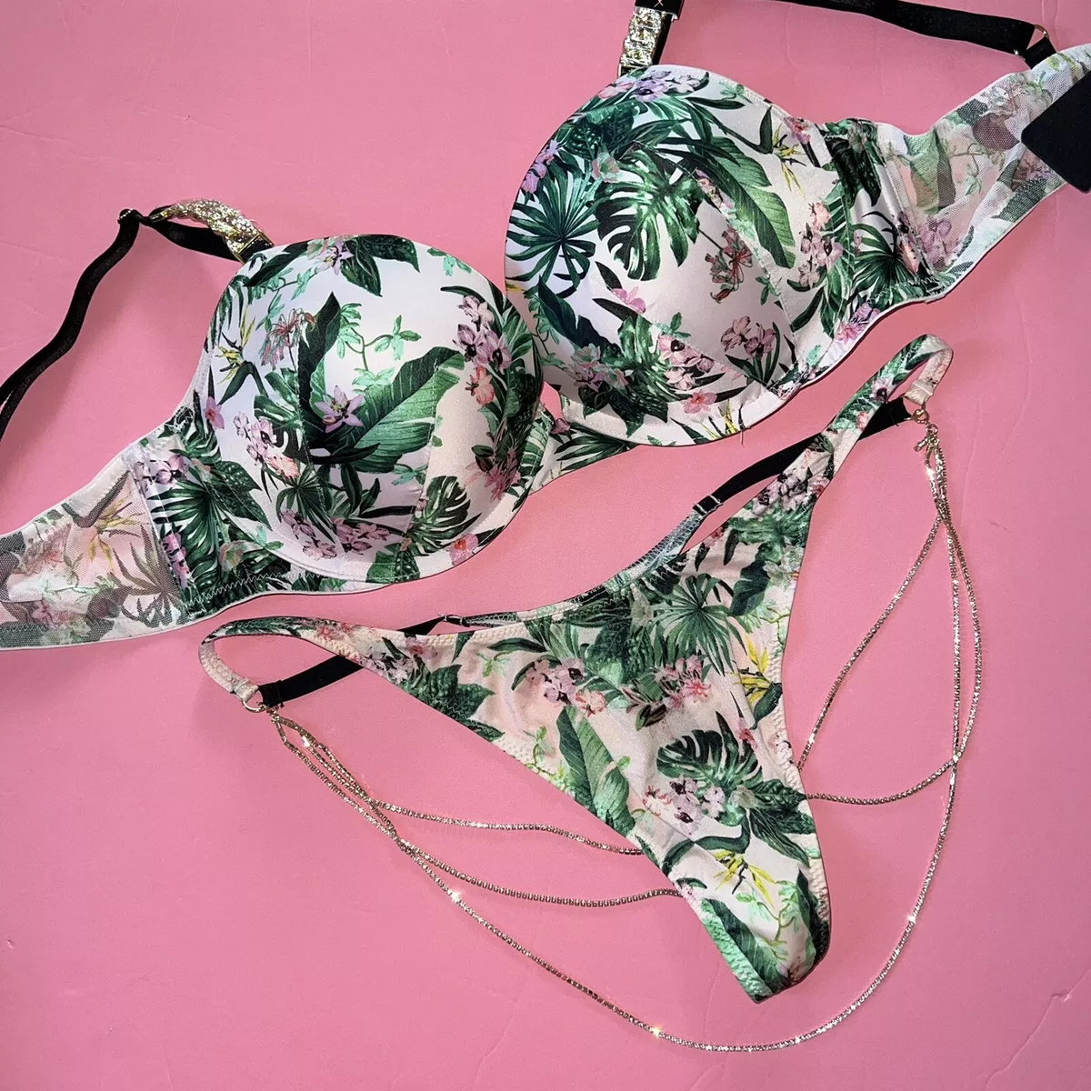 Victoria's Secret 36C,36D BRA SET L EMERALD GREEN pink Orchid Palm