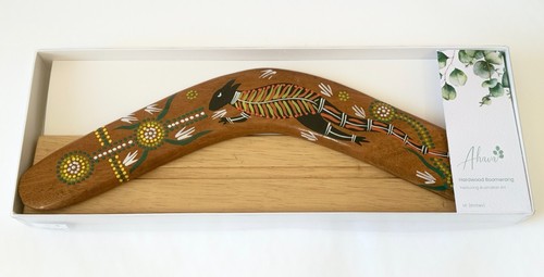 BOOMERANG 14"/35CM + SOPORTE - MADERA DURA - ARTE ABORIGEN, AUSTRALIA, INDÍGENA - Imagen 8 de 11