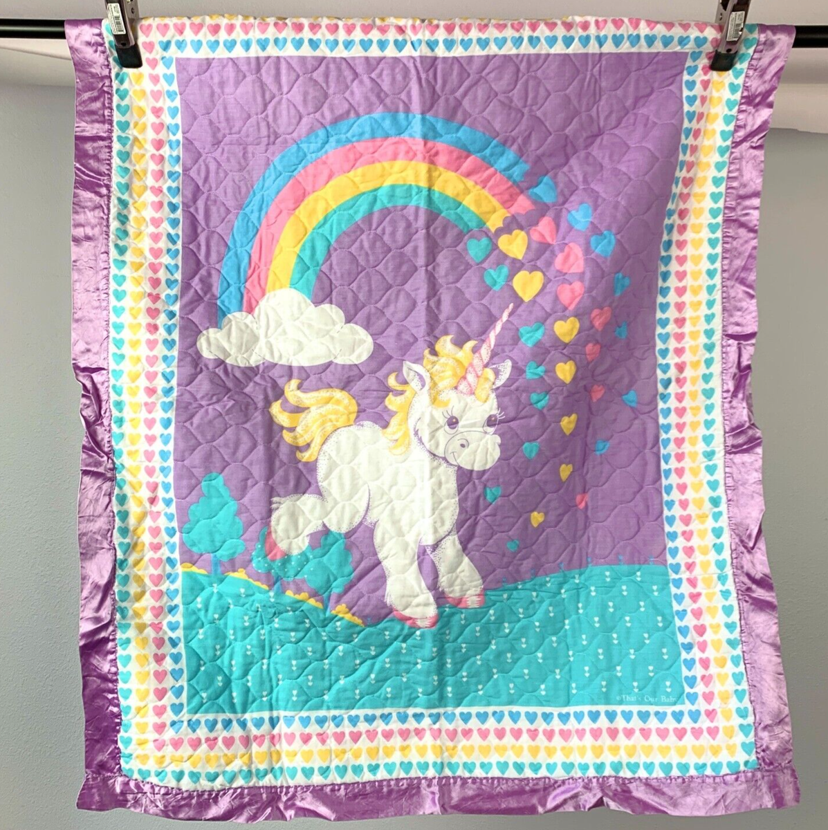 Vintage 1980s Handmade Quilted Unicorn Rainbow Baby Crib Floor
