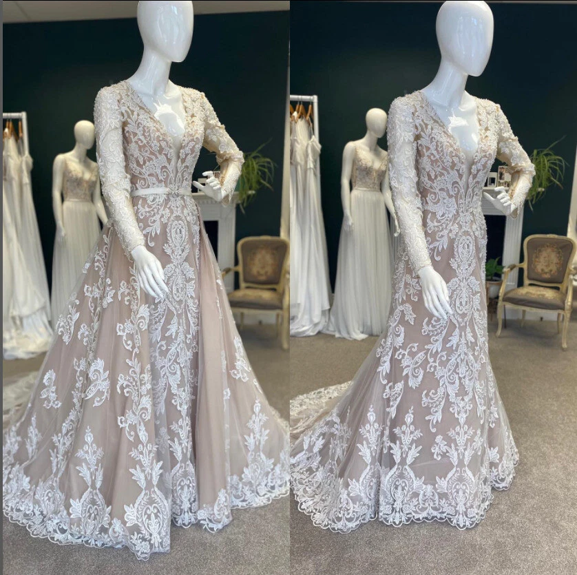 Mermaid Wedding Dresses Lace Applique Long Sleeve Sweep Train Bridal Gowns=-= - Image 4 of 4