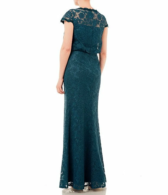JS COLLECTIONS Teal Blue Embroidered Corded Lace Sheer Yoke Blouson Maxi Gown 10 - Image 2 of 3