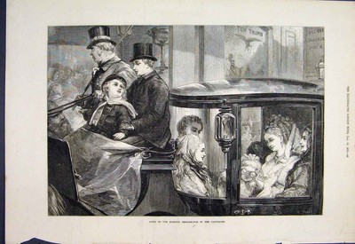 Original alter antiker Druck Drury Lane Tom Daumen Kutschenfahrt Kinder 1872 19.