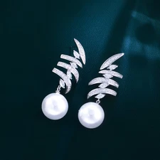 CWWZircons Symmetrical Silver Plated Cubic Zirconia Dangle Pearl Drop Earrings