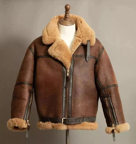 B3 Brown Mens Bomber Flying RAF Aviator Fur Irvin Real Shearling Leather Jacket - product listing photo