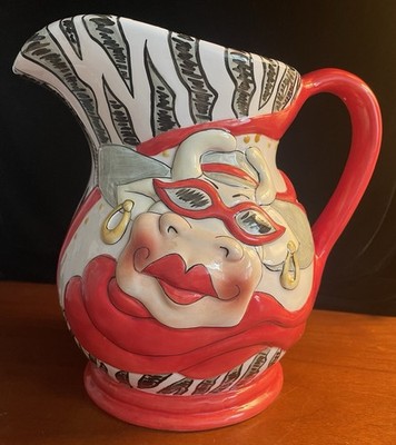 Judy Shelby Lotus  Chic Cow Art  Pitcher - Fun, Whimsical With Bold Lipstick