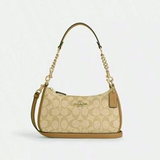 COACH Teri Shoulder Bag In Signature Canvas/Gold/Brown New Fast Shipping