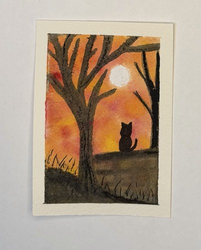 ACEO Original Watercolor Cat Sitting On Stone Wall Watching Moon spiritridgeart