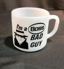 Vtg Federal Milk Glass Coffee Mug I'm a BOSS Bad Guy I had a Bad Idea Spy