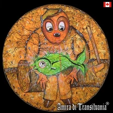 pop art painting modern contemporary original graphic figures green fish signed