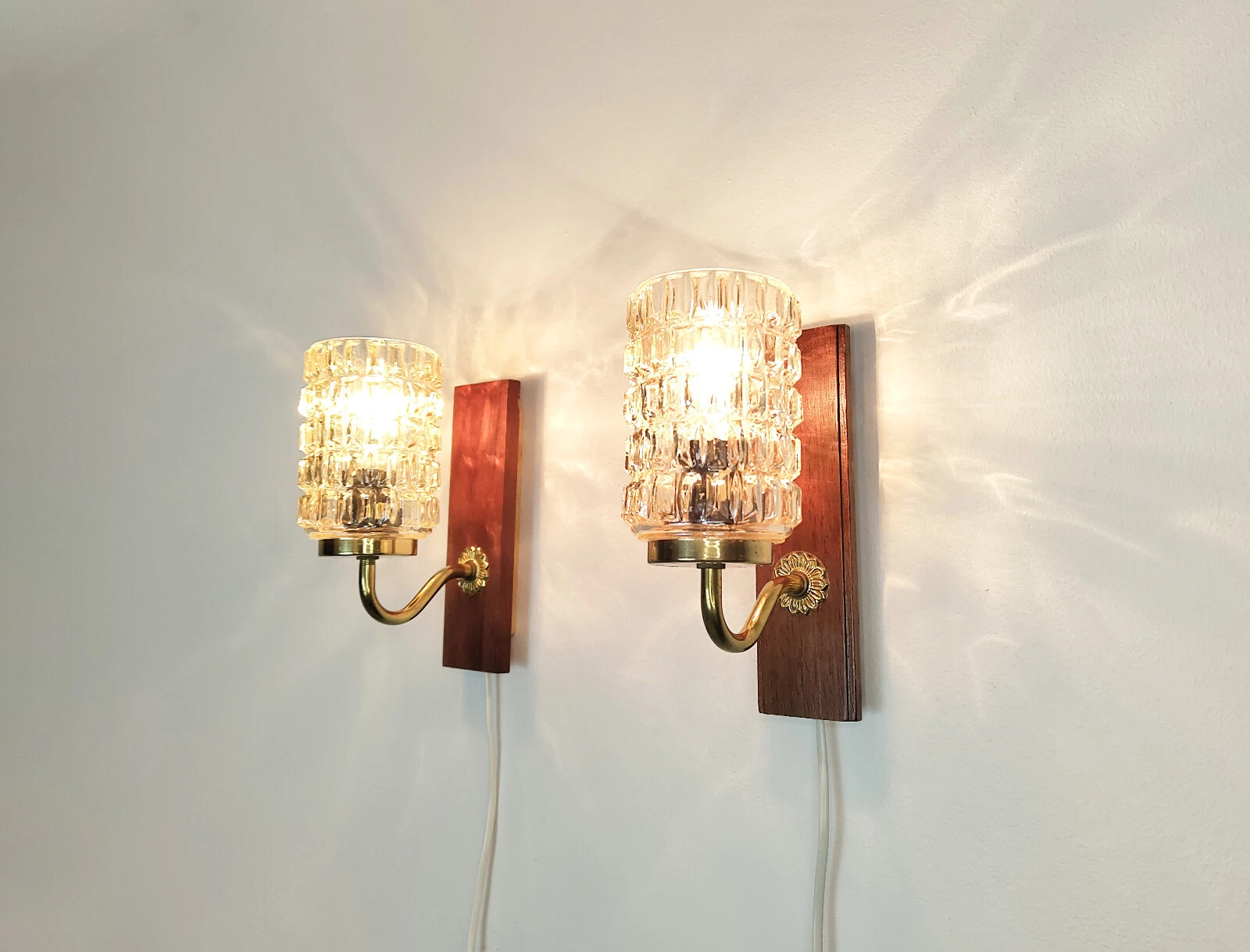 Vintage pair of sconces  wall lights  mid century teak and brass lamps