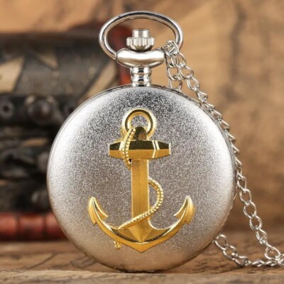 Silvery 3D Anchor Vintage Quartz Pocket Watch Necklace Pendant Men Holiday Gift