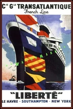 French Line Liberté 1950 Ocean Liner Vintage Poster Print Retro Style Ship Art