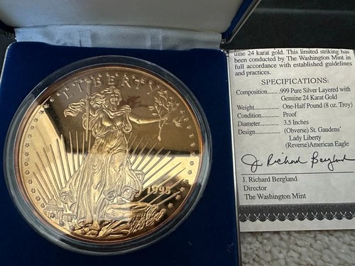1995 Giant Half Pound Golden Eagle Coin .999 Pure Silver/24 Karat Gold