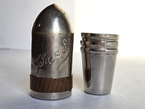 "Take A Shot" Bullet Shaped Shot Glass Set 1940s Metal Copper Vintage Japan