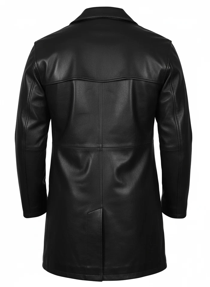 Gabardina larga clásica negra de cuero de oveja genuino para hombre Foto 2 de 3