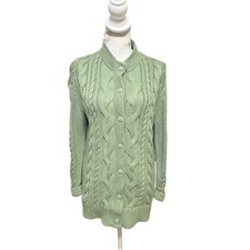 LL Bean Sage Green Cable Knit Cotton Cardigan Sweater Mock Neck Large Petite