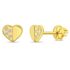 Sweet Heart Encrusted Clear Toddler Girls Earrings Safety Screw Back - 14k Gold