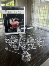 Crisa Crystal Festival 14 Piece Punch Bowl Set Hand Blown Glass Vintage