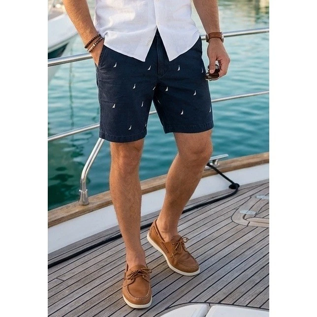 Nautica Embroidered Chino Shorts Mens 32W Navy Blue Cotton Beach Nautical Casual