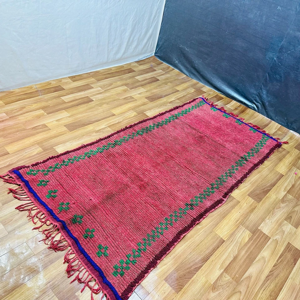 Red Pink Moroccan Rug Green Blue Border Vintage Berber Wool Tribal Carpet Runner - Image 3 of 4