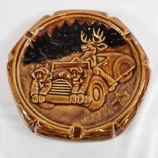 Vintage Humorous Funny  Hunters With Deer Glazed Ceramics Ashtray Mancave Decor