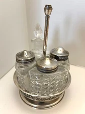 Antique Cruet Set 4 Pressed Glass Containers Celtic Quality Plate Rotating Base 