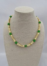 Choker Necklace Off-white Freshwater Pearls with Green Bead Accents