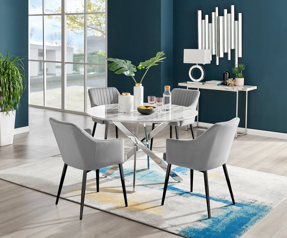 Novara White Marble Round Dining Table 120cm and 6 Lorenzo Chairs Furniture Set