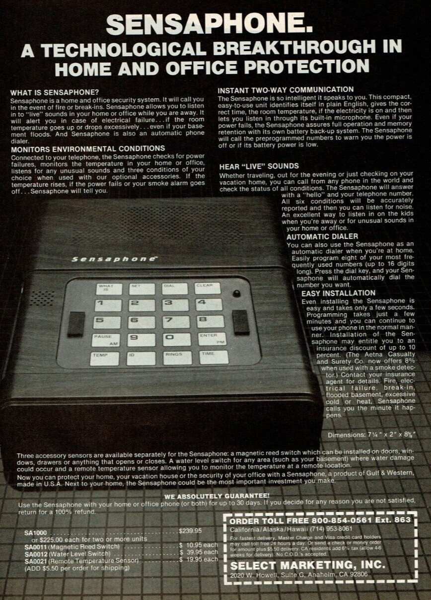 1983 Vintage Print Ad Sensaphone a Technological Breakthrough Security System