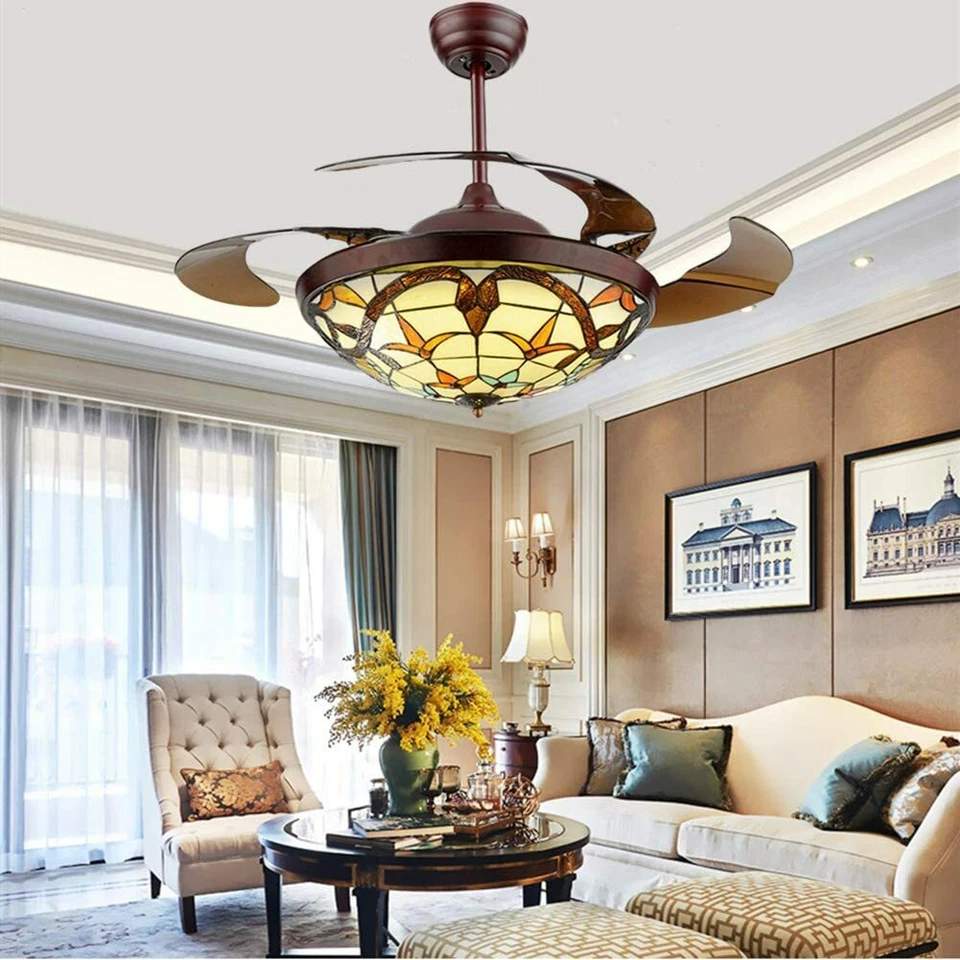 42" Tiffany Ceiling Fan Light, Remote Classic LED Chandelier Retractable Blades - Image 2 of 4