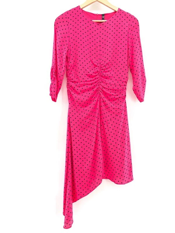 Zara NWOT Size M Asymmetrical Hem Bright Pink Polka Dot Dress