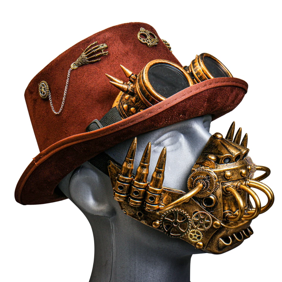 Коричневый череп вручную шип очки шляпа с золотой робот маска Хэллоуин вечеринки костюм - Изображение 2 из 3