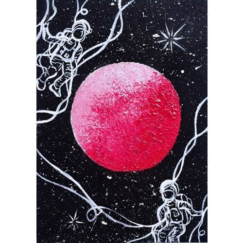 ACEO Original Acrylic Sky Planet Astronauts Art Card 100% New Hand Made