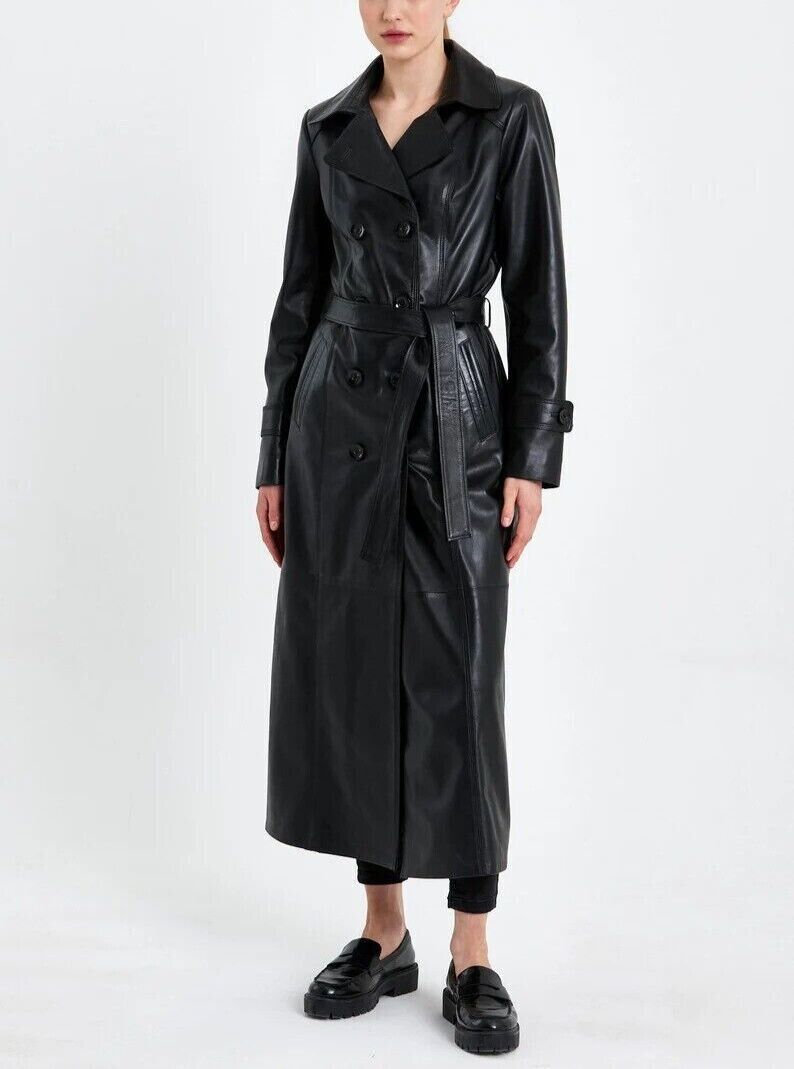 Women Trench Coat Genuine Lambskin Black Leather Long Trench Luxury Coat-image