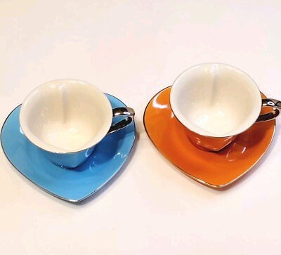 2 Yedi Houseware Inside Out Heart Tea Coffee Cup & Saucer  5oz Blue Orange