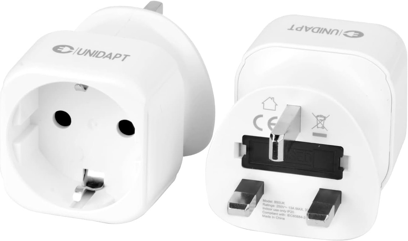 2 Pack EU to UK Plug Adapter, Unidapt European to UK Plug Adaptor, Euro Schuko 2