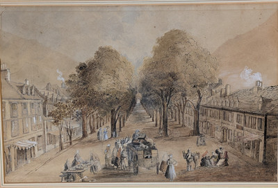 Original Aquarell Gemälde Straßenszene von Mary Heriot View of Norham 1870