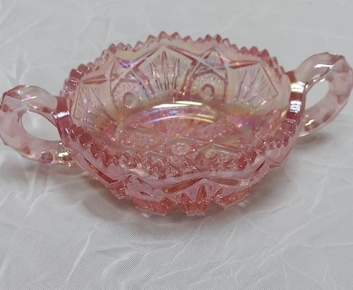 Stunning L.E. Smith Vtng Sawtooth Rim Pink Depression Round Glass Dish w/Handles