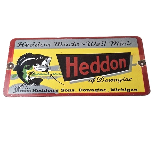 Vintage Heddon Fishing Lures Sign - Fish Tackle Lures Gas Pump Porcelain Ad Sign