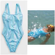 Aerie Metallic Babewatch One Piece Cheekiest Swimsuit Ice Blue UPF 50 Sz M NWT