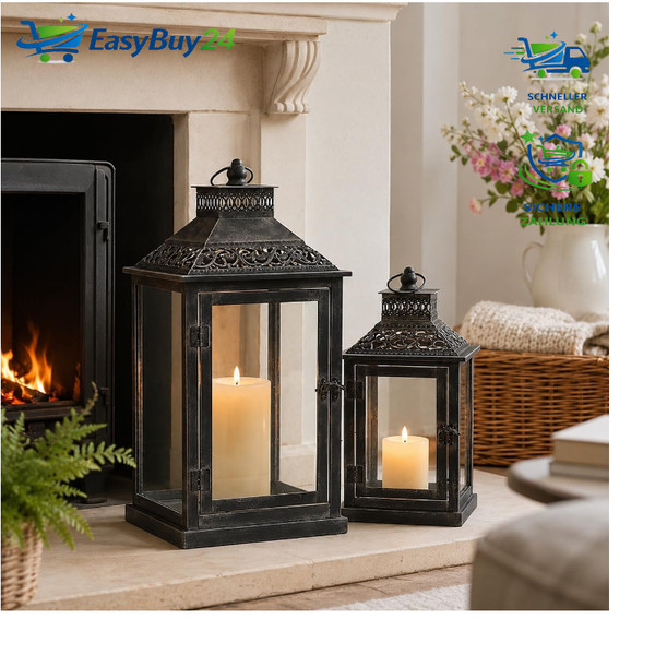 Deko Metall HäNgend Laternen Set 2 StüCk Windlicht KerzenstäNder Garten Balkon-image