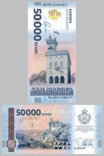 Banconota commemorativa San Marino 50000 Scudi 2025 Palazzo Pubblico UV ologramma