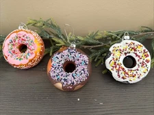 Pink Frosted Donut Choc Sprinkles Pastry Blown Glass Christmas Ornament Lot 3